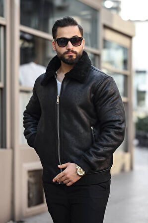 Kürk Yaka Ribanalı Deri Ceket - Kürklü Şık Model