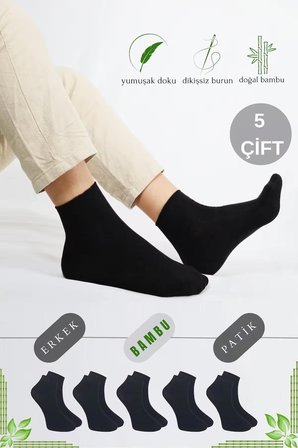 Erkek Bambu Patik Düz Desen (5 Çift) Dikişsiz Çorap