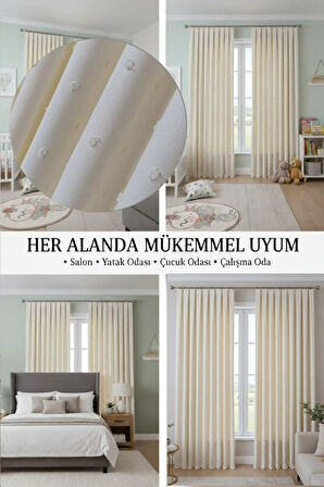 Bohem Ponponlu Krem Fon Perde 1x3 Sık Pile | Salon, Çocuk Odası Bohem Fon Perde