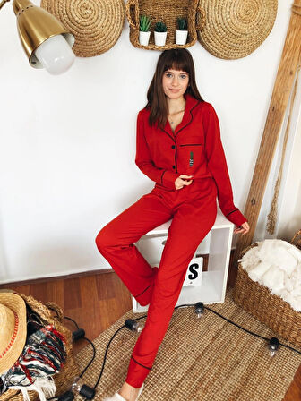 Kırmızı Kaktüs Nakışlı Uzun Kollu Pijama Takımı