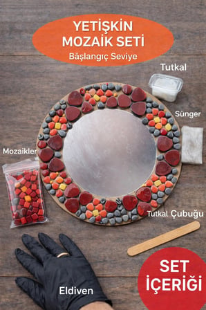 30x30cm Yuvarlak Pleksi Aynalı Yetişkin Mozaik Set (Başlangıç Seviye)Siyah-Kırmızı Tonlar