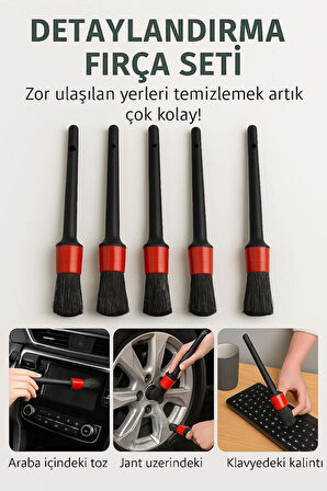 Araç İçi Detay Temizlik Fırça Seti – 5 Parça Jant, Torpido ve Havalandırma Temizliği İçin