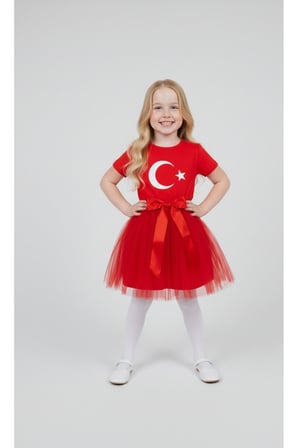 Kız Çocuk 23 Nisan 29 Ekim Gösteri Kıyafeti Kostüm Tütü Etek Kısa Kol Ayyıldız Tshirt Takım