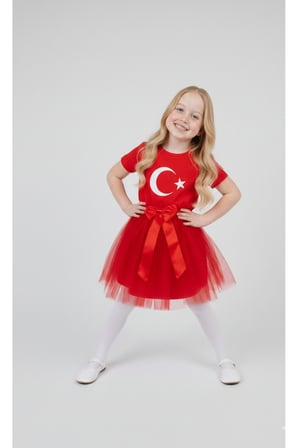 Kız Çocuk 23 Nisan 29 Ekim Gösteri Kıyafeti Kostüm Tütü Etek Kısa Kol Ayyıldız Tshirt Takım