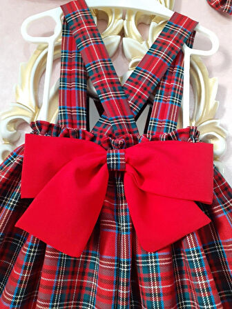 Kız Bebek & Çocuk Kırmızı Ekoseli Salopet Elbise & Şapka & Toka Takım