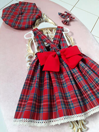 Kız Bebek & Çocuk Kırmızı Ekoseli Salopet Elbise & Şapka & Toka Takım