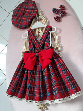 Kız Bebek & Çocuk Kırmızı Ekoseli Salopet Elbise & Şapka & Toka Takım