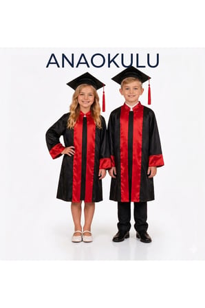 Çocuk ANAOKULU Renkli Şeritli Siyah Mezuniyet Cübbesi ve Kep Takımı
