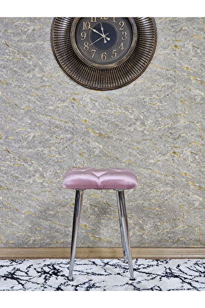 Kare Krom Kaplama Konik Ayaklı Tabure - Oturak - Bar Taburesi - Ayaklı Tabure Pembe Renk 48 x 33 Boyut/Ebat