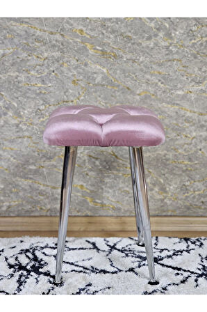 Kare Krom Kaplama Konik Ayaklı Tabure - Oturak - Bar Taburesi - Ayaklı Tabure Pembe Renk 48 x 33 Boyut/Ebat