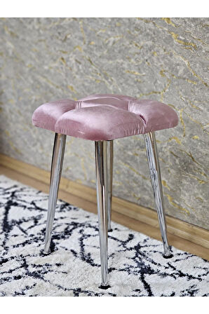 Kare Krom Kaplama Konik Ayaklı Tabure - Oturak - Bar Taburesi - Ayaklı Tabure Pembe Renk 48 x 33 Boyut/Ebat