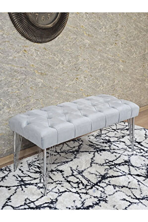 Krom Tel Ayaklı 90 cm Puf Bench - Puf - Bench - Kasalı Oturak - Oturak - Yatak Ucu Puf Gri Renk 90 x 40 Boyut/Ebat