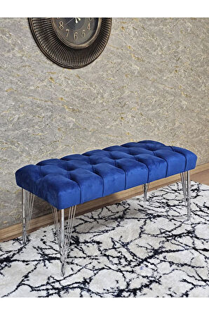 Krom Tel Ayaklı 90 cm Puf Bench - Puf - Bench - Kasalı Oturak - Oturak - Yatak Ucu Puf Mavi Renk 90 x 40 Boyut/Ebat