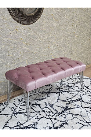 Krom Tel Ayaklı 90 cm Puf Bench - Puf - Bench - Kasalı Oturak - Oturak - Yatak Ucu Puf Pembe Renk 90 x 40 Boyut/Ebat