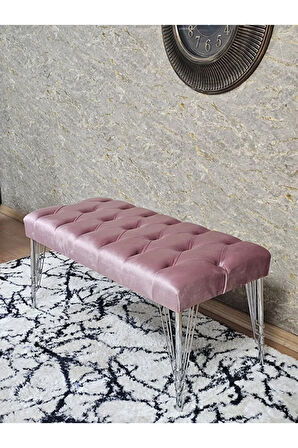 Krom Tel Ayaklı 90 cm Puf Bench - Puf - Bench - Kasalı Oturak - Oturak - Yatak Ucu Puf Pembe Renk 90 x 40 Boyut/Ebat