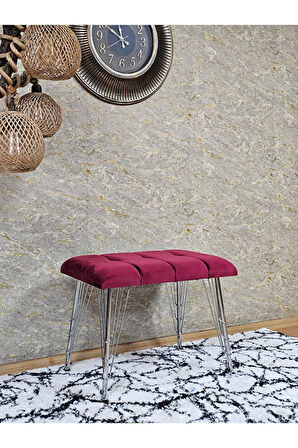 Metal Krom Tel Ayaklı 60 cm Puf Bench - Puf - Bench - Oturak - Mutfak Oturağı - Antre Oturağı Bordo Renk 60 x 40 Boyut/Ebat