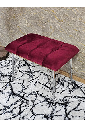 Metal Krom Tel Ayaklı 60 cm Puf Bench - Puf - Bench - Oturak - Mutfak Oturağı - Antre Oturağı Bordo Renk 60 x 40 Boyut/Ebat