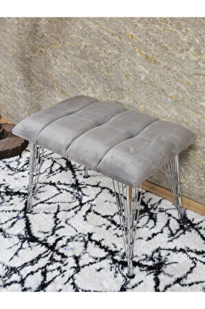 Metal Krom Tel Ayaklı 60 cm Puf Bench - Puf - Bench - Oturak - Mutfak Oturağı - Antre Oturağı Gri Renk 60 x 40 Boyut/Ebat