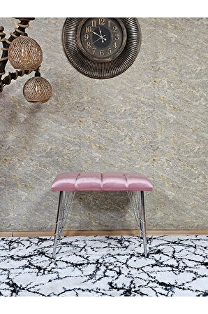 Metal Krom Tel Ayaklı 60 cm Puf Bench - Puf - Bench - Oturak - Mutfak Oturağı - Antre Oturağı Pembe Renk 60 x 40 Boyut/Ebat