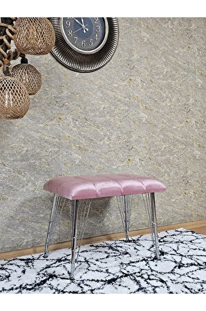Metal Krom Tel Ayaklı 60 cm Puf Bench - Puf - Bench - Oturak - Mutfak Oturağı - Antre Oturağı Pembe Renk 60 x 40 Boyut/Ebat