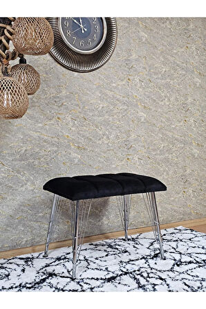 Metal Krom Tel Ayaklı 60 cm Puf Bench - Puf - Bench - Oturak - Mutfak Oturağı - Antre Oturağı Siyah Renk 60 x 40 Boyut/Ebat