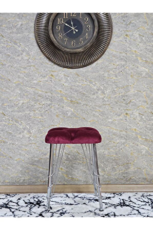 Kare Krom Kaplama Telli Ayaklı Tabure - Oturak - Bar Taburesi - Ayaklı Tabure Bordo Renk 48 x 33 Boyut/Ebat