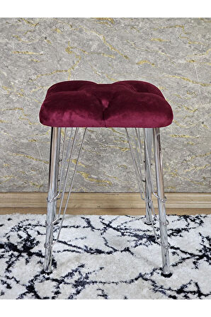 Kare Krom Kaplama Telli Ayaklı Tabure - Oturak - Bar Taburesi - Ayaklı Tabure Bordo Renk 48 x 33 Boyut/Ebat