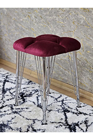 Kare Krom Kaplama Telli Ayaklı Tabure - Oturak - Bar Taburesi - Ayaklı Tabure Bordo Renk 48 x 33 Boyut/Ebat