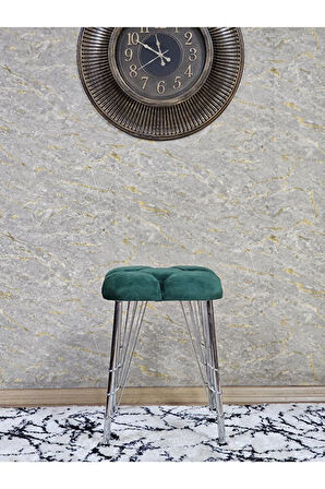 Kare Krom Kaplama Telli Ayaklı Tabure - Oturak - Bar Taburesi - Ayaklı Tabure Yeşil Renk 48 x 33 Boyut/Ebat