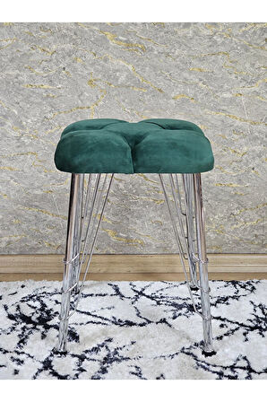 Kare Krom Kaplama Telli Ayaklı Tabure - Oturak - Bar Taburesi - Ayaklı Tabure Yeşil Renk 48 x 33 Boyut/Ebat