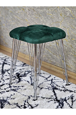Kare Krom Kaplama Telli Ayaklı Tabure - Oturak - Bar Taburesi - Ayaklı Tabure Yeşil Renk 48 x 33 Boyut/Ebat
