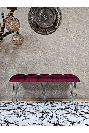 Metal Krom Tel Ayaklı 100 cm Puf Bench - Puf - Bench - Oturak - Mutfak Oturağı - Antre Oturağı Bordo Renk 100 x 40 Boyut/Ebat