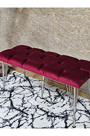 Metal Krom Tel Ayaklı 100 cm Puf Bench - Puf - Bench - Oturak - Mutfak Oturağı - Antre Oturağı Bordo Renk 100 x 40 Boyut/Ebat