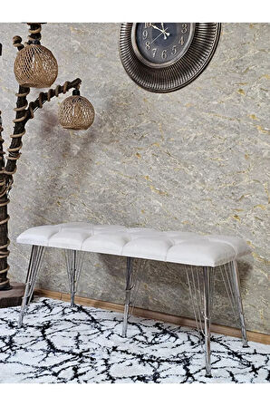 Metal Krom Tel Ayaklı 100 cm Puf Bench - Puf - Bench - Oturak - Mutfak Oturağı - Antre Oturağı Krem Renk 100 x 40 Boyut/Ebat