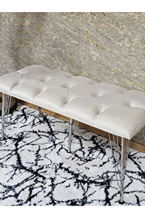 Metal Krom Tel Ayaklı 100 cm Puf Bench - Puf - Bench - Oturak - Mutfak Oturağı - Antre Oturağı Krem Renk 100 x 40 Boyut/Ebat