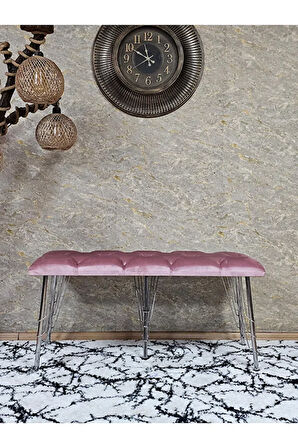 Metal Krom Tel Ayaklı 100 cm Puf Bench - Puf - Bench - Oturak - Mutfak Oturağı - Antre Oturağı Pembe Renk 100 x 40 Boyut/Ebat