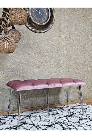 Metal Krom Tel Ayaklı 100 cm Puf Bench - Puf - Bench - Oturak - Mutfak Oturağı - Antre Oturağı Pembe Renk 100 x 40 Boyut/Ebat