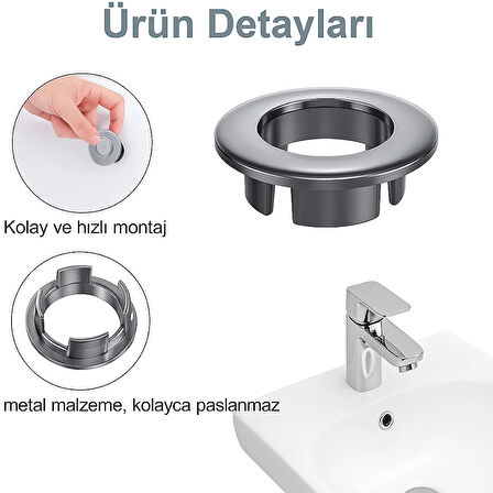 Parlak Krom Görünümlü Lavabo Taşma Yüzüğü - Dayanıklı Metal Evye Taşma Halkası 2 Adet