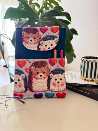 Sevimli Kirpi desenli Kitap Kılıfı Şık ve Kitap Koruyucu Kılıf Cepli Çok Amaçlı Hediye 19x25 cm