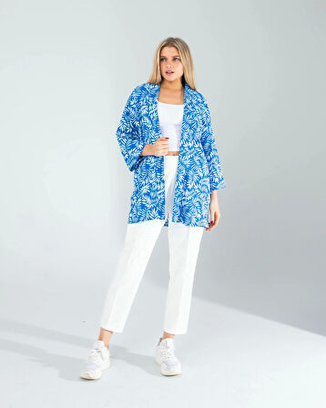 Çiçek Desen Mavi Kimono