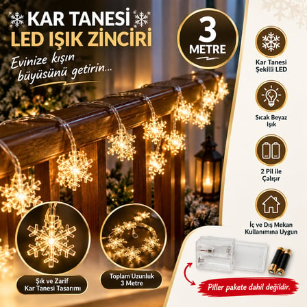 Kar Tanesi LED Işık 3 Metre Yılbaşı Süsleme Dekoratif Işık Zinciri 2 Pilli