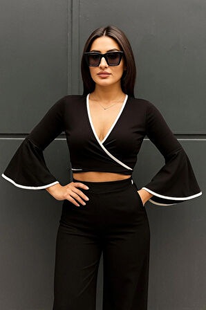 Kadın Kruvaze Kolları Fırfırlı Crop Bluz