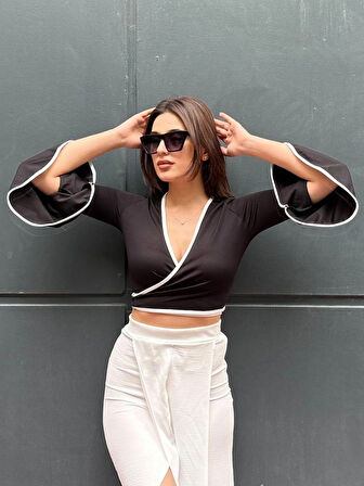 Kadın Kruvaze Kolları Fırfırlı Crop Bluz