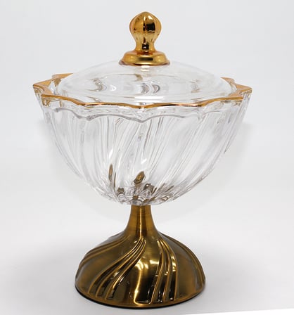 Metal Ayaklı Kristal Cam Şekerlik Gold Detaylı Sunumluk