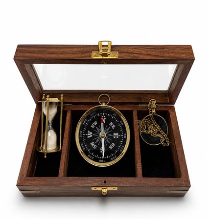 Pirinç Pusula,Kumsaati Ve Teleskop Seti Ahşap Saklama Kutulu