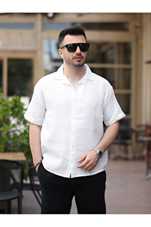 Erkek Relax Fit Kısa Kollu Keten Gömlek