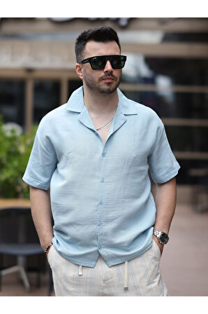 Erkek Relax Fit Kısa Kollu Keten Gömlek