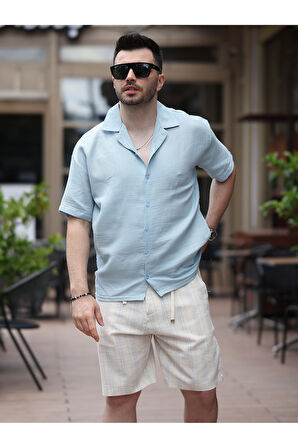 Erkek Relax Fit Kısa Kollu Keten Gömlek