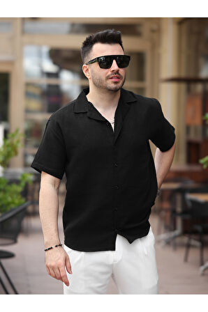 Erkek Relax Fit Kısa Kollu Keten Gömlek