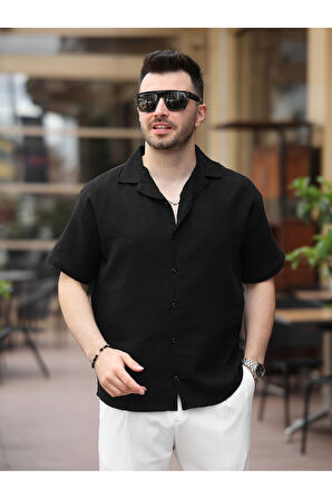 Erkek Relax Fit Kısa Kollu Keten Gömlek